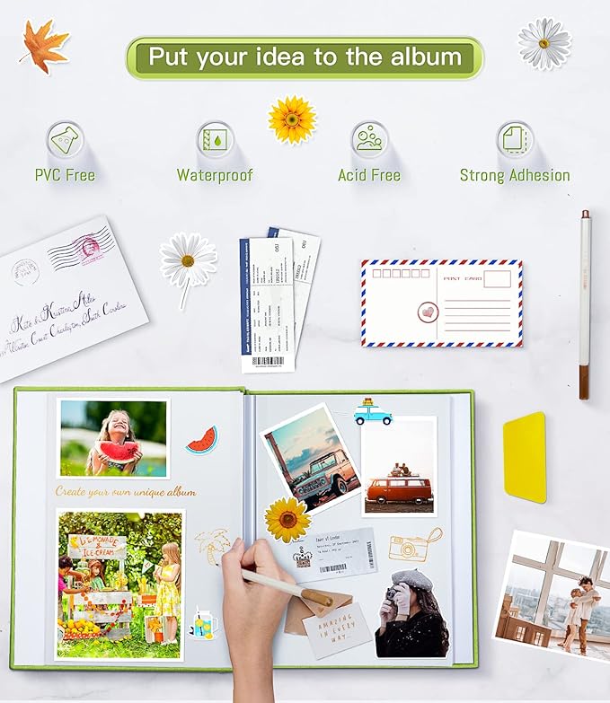 Popotop Photo Album Self Adhesive with Picture Display Window,60 Pages DIY Scrapbook Album for 4x6 8x10 Picture,Linen Cover Memory Book for Baby Wedding, with Scraper and Metallic Pen
