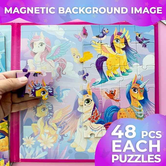 QUOKKA Magnetic Puzzles for Kids Ages 4-6 - 2x48 Travel Puzzle Games for Toddlers 3-5 Years Old - Car Activities Toy for Boys and Girls 2-4 yo - Unicorns & Mermaid Learning Magnet for Road Trip