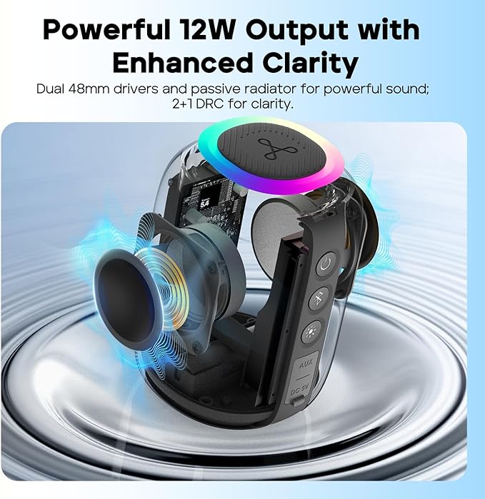 Tribit Portable Bluetooth Speaker StormBox Mini+, 12W Shower Speaker with 360°Surround Sound, 12H Playtime, Custom EQ, BT5.4, IPX7 Waterproof, RGB Lights, Type-C, AAC/SBC, TWS, Party/Beach/Gift (Blue)