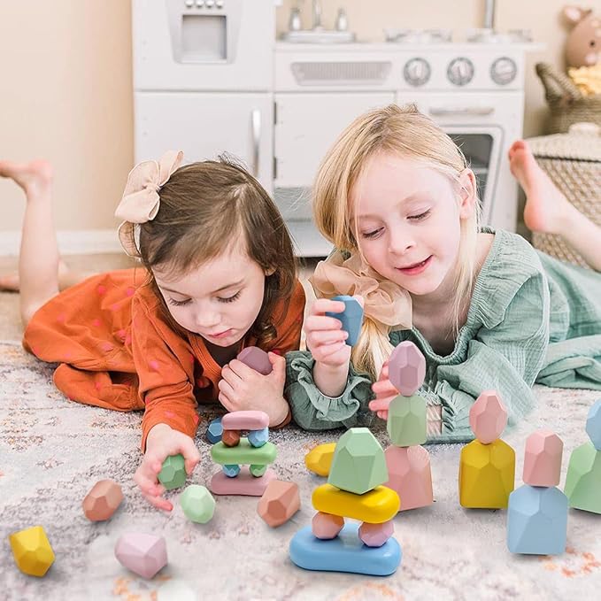 OESSUF 34PCs Stacking Rocks Balancing Stones Wooden Stacking Toys for Toddler Montessori Sorting Game