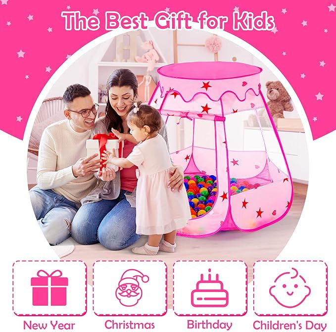 Baby Ball Pit for Toddler with 50 Balls, Kids Pop Up Play Tent for Girls, Princess Toys for Children Indoor & Outdoor Playhouse with Carry Bag