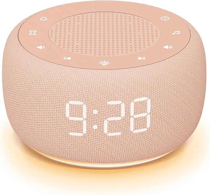 Buffbee Sound Machine & Alarm Clock 2-in-1, 0-100% Clock Face Brightness, Bottom Colored Light, Sleep Timer, Precise 30-Level Volume White Noise Machine, Digital Alarm Clocks for Bedrooms - Peach