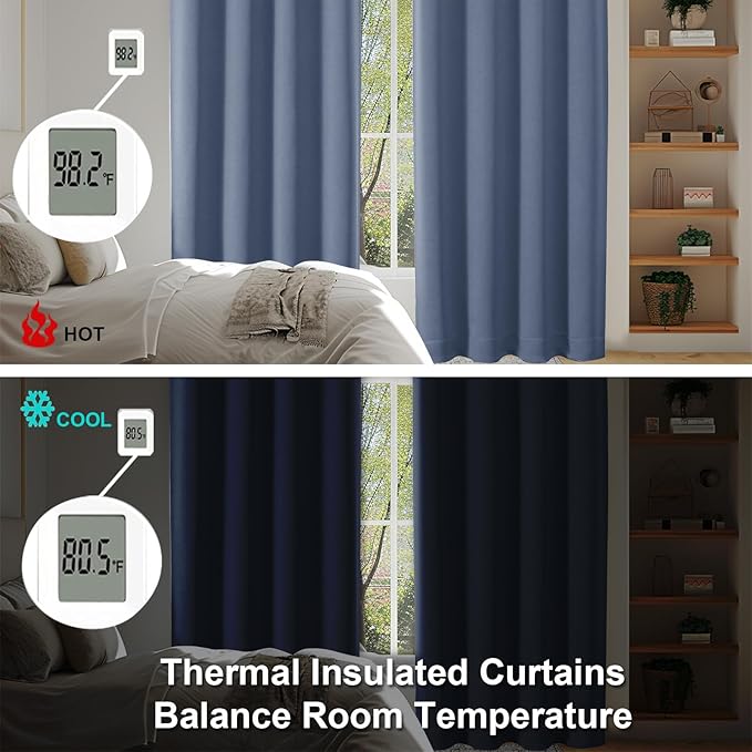 Simplebrand Ava Denim Blue Short 36 Inches Blackout Curtain 2 Panels Set, Half Window Rod Pocket Privacy Curtain Tiers for Kitchen, Curtains Blackout for Bathroom Shades, W40 x L36 Inch, Denim Blue