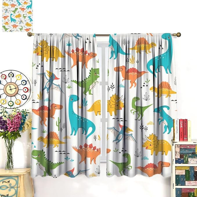 Kids Dinosaur Curtains for Boy Girl Bedroom Decor Cartoon Dino Colorful Cute Funny Animal Wildlife Printed Blackout Rod Pocket Window Drapes for Baby Nursery Playroom Living Room W21xL45in 2 Panels