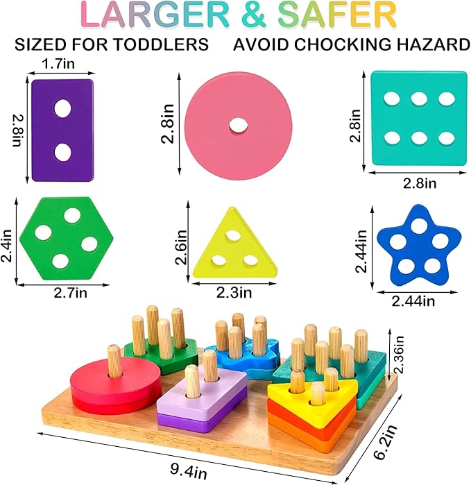 Wooden Sorting & Stacking Toys, Montessori Toys for 1 2 3 Years Old Toddlers, Shape Sorter Puzzles with 24-Piece Large Geometric Blocks & 12 Word Cards, Gift for 12+ Months Baby Boys Girls