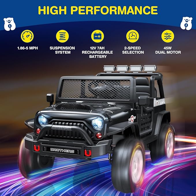 L8 2 Seater Ride On Car, 12V Kids Electric Car w/Remote Control, 4-Wheel Suspension, Bluetooth Speaker, Multi Music Modes, 3 Speeds, LED Lights, Xmas & Birthday Gift Ideas for Kids Ages 3+