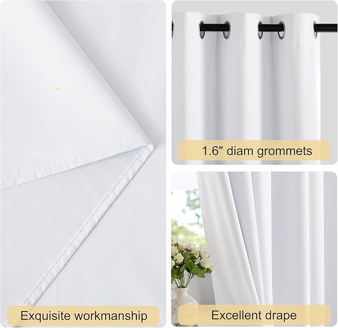 NICETOWN White 100% Blackout 90 inch Curtains for Bedroom, Grommet Full Blackout Window Treatments Heat Blocking for Living Room, W52 x L90, 2 Panels