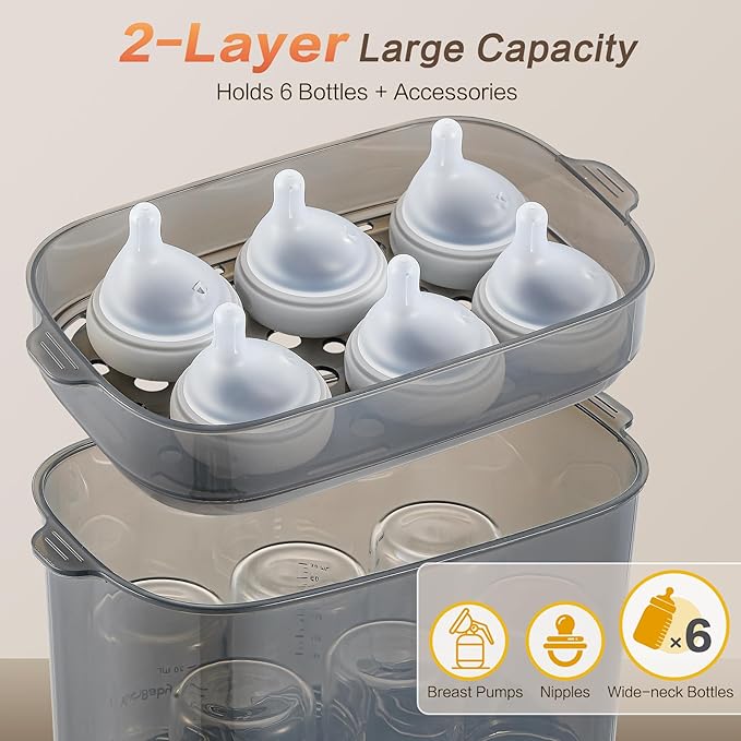 4-in-1 Baby Bottle Steamer and Dryer, Electric Steamer with Fast Drying, Universal Fit for All Bottles, LED Touch Screen & Auto Shut-Off Protection (Grey)