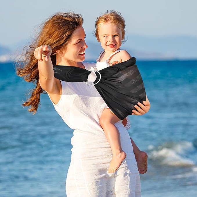 Water Ring Sling Baby Carrier, Adjustable Lightweight Breathable Newborn Carrier Sling for Summer, Swimming, Pool, Beach, Front Chest Mesh Infant Wrap Carrier for Baby Gift（Black）