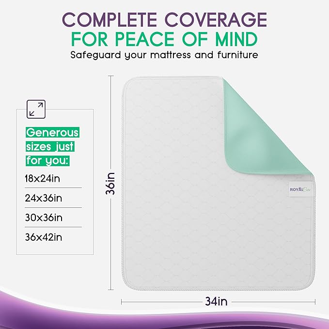 Incontinence Bed Pads - 4 Pack 34" x 36" Reusable Waterproof Mattress Protectors - Highly Absorbent, Machine Washable - for Children, Pets and Seniors - Multi Color - Royal Care