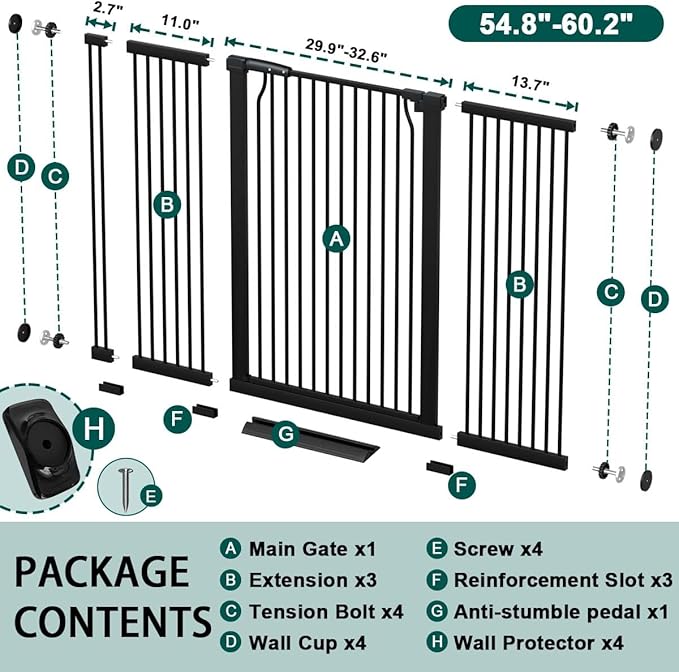 Fairy Baby 40.5" Extra Tall Baby Gate No Drill, 54.8"-60.2" Extra Wide Dog Pet Gate, Safety Child Toddler Gate, Metal Tension Auto Close No Climb Fence Barrier Pet Cat Gate for Stairs Doorway, Black