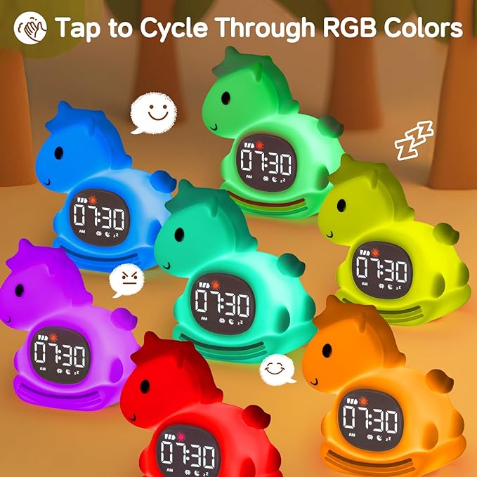 Cute Alarm Clock for Kids with Night Light, Sleep Training Clock Time to Wake Clock, Rechargeable Silicone Light for Bedroom, Perfect Sleep Companion for Boys Girls, Pink Pony