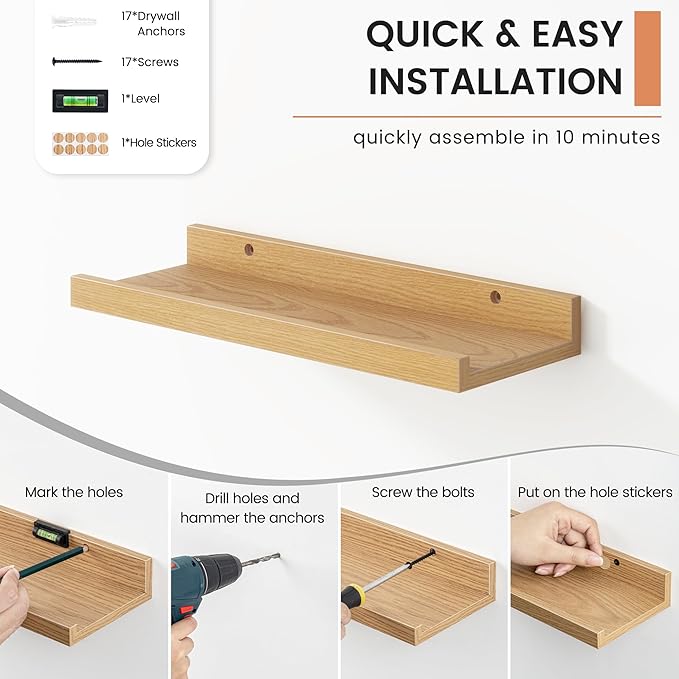 Floating Picture Ledge Shelves for Wall Set of 8, 16 Inch Wall Shelves with Lip Long Large Nursery Book Shelf for Toys Storage Kids Bookshelf Wall Mounted Living Room Bedroom Decor Frames