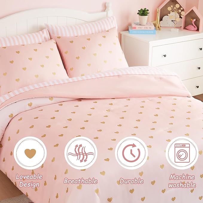 Queen Comforter Set with Sheets for Girls-7 Pieces Queen Bedding Sets with Pink Comforter, Sheets, Pillowcases & Shams for Kids (Pink Gold Heart, 90" X 90")