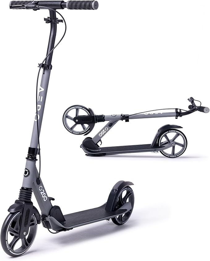 Aero Big Wheels Kick Scooter for Kids 6+, Teens & Adults | Light Up Wheels, Hand Brake, Rubber Deck Mat & Shock Absorption | Foldable & Height Adjustable
