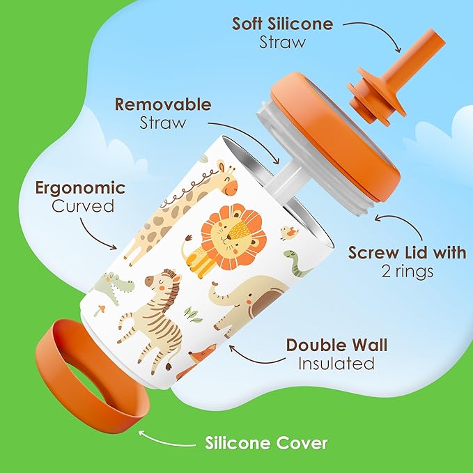 Kid Insulated Stainless Steel Tumbler with Silicone Straw, 12oz Sippy Cup for Kids (Jungle Animals)