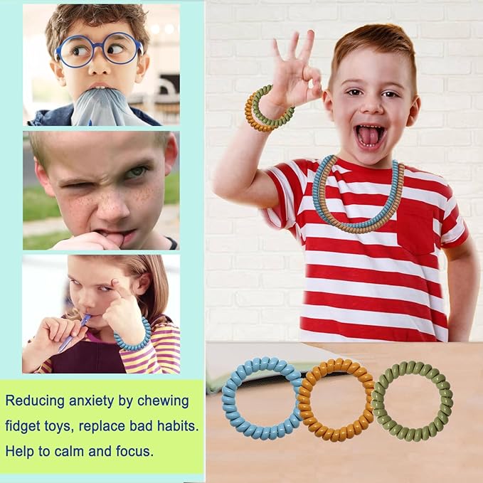 Chewy Necklace for Sensory Kids, 12 Pack Stretchy Fidget Bracelet Necklace for Boys with Autism ADHD SPD, Sensory Fidget for Kids 8-12 Reduce Biting Stress and Anxiety