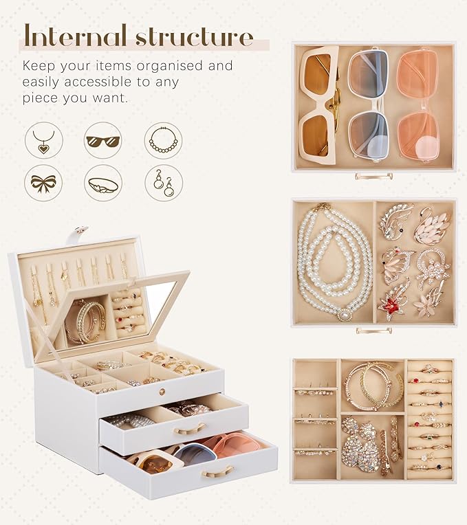 White Jewelry Box Organizer: Home Decor for Women - 2-Drawer Holder for Valentine’s Day Birthday Christmas White Grey-Blue