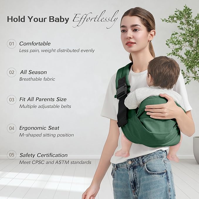 Baby Sling Carrier, Toddler Carrier Sling with Double Safety Buckle and Adjustable Shoulder Strap(7-30lbs), Baby Carriers One Size Fits All, Dark Green