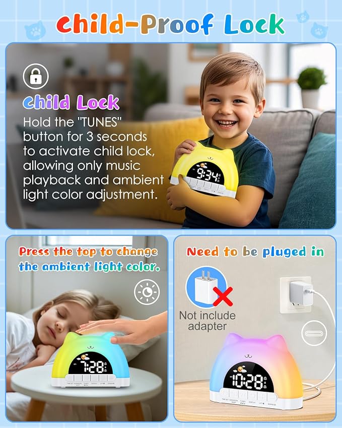 Kids Alarm Clock, OK to Wake Clock for Kids, Cat Clock with 11 Colors Night Light, 10 Soothing Sounds, Child Lock, Dual Alarms, Sleep Training, Birthday Gift for Boy Girls Children