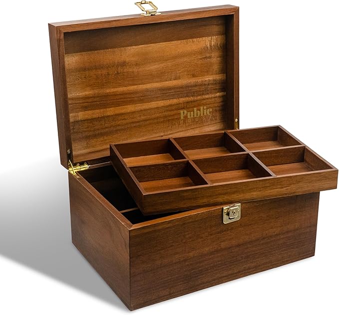 Public House Locking Wooden Keepsake Box, Customizable Design With Adjustable Tray. Large Wooden Box with Hinged Lid for Wedding and Memory Keepsakes