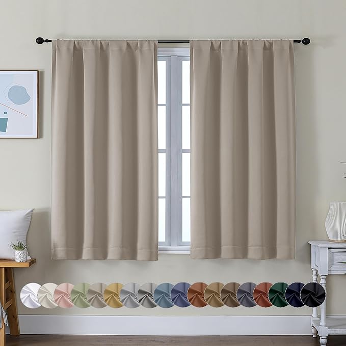 Simplebrand Ava Stone Short Blackout Curtains for Bedroom 45 Inches Long 2 Panels Set, Solid Thermal Insulated, Energy Saving Window Treatment Curtains Blackout Drapes, W40 x L45 Inch, Stone