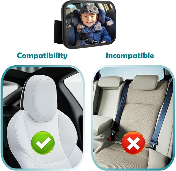 Funbliss Fixed Headrest Baby Car Mirror, Car Mirror for Baby Compatible with Tesla and other vehicles,360° Rotation, Shatterproof Plastic, No Assembly Required