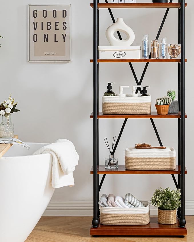 KALLAX Small Woven Basket, 12 x 8 x 4.5 Inches, Storage Basket for Organizing, Cute Small Rope Shelf Closet Cube Storage Bins Baskets for Shelves, Dog Toy Gift Baskets Empty, 3 Pack White & Brown