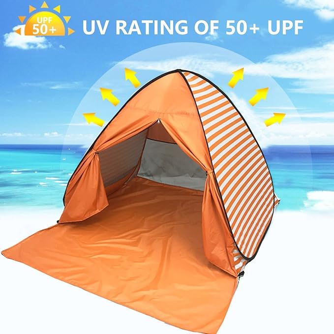 Pop Up Beach Tent Shade Sun Shelter UPF 50+ Canopy Cabana 2-3 Person for Adults Baby Kids Outdoor Activities Camping Fishing Hiking Picnic Touring (Orange Stripes)