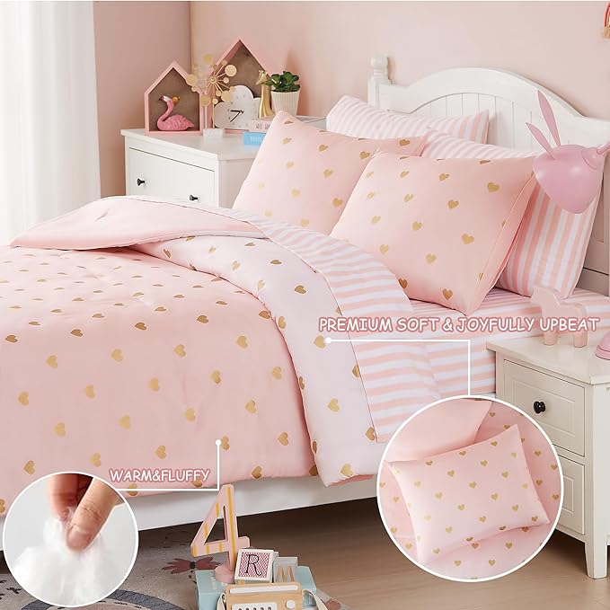 Twin Comforter Set with Sheets for Girls-5 Pieces Twin Bedding Sets with Pink Comforter, Sheets, Pillowcase & Sham for Kids (Pink Gold Heart, 66" X 86")