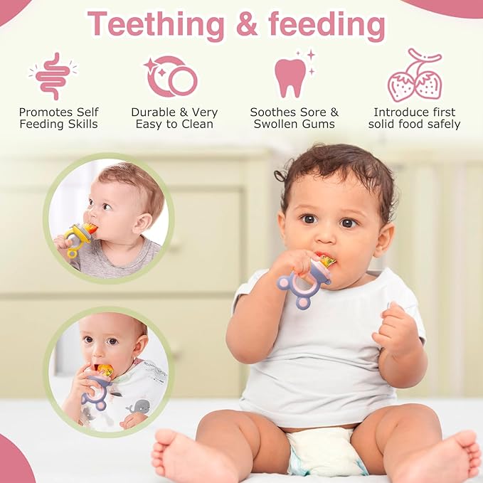 Baby Solids/Frozen Fruit Feeder Pacifier, Infant Teether Toy 4M+, BPA-Free Silicone Pouch & Nipple, Safely Introduce Solids, Teething Relief, 2-Pack - Yellow/Purple (Mouse)