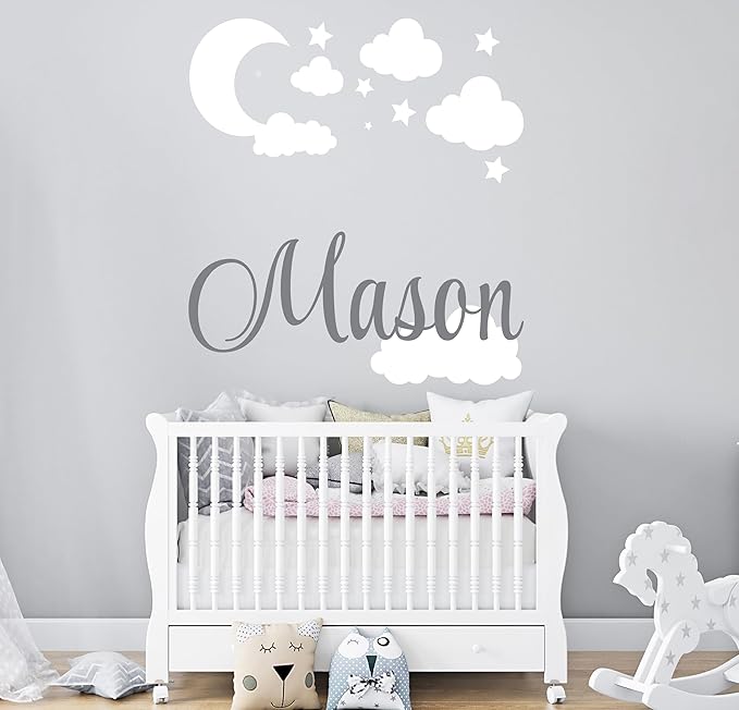 Custom Name with Moon Clouds and Stars Nursery Baby Name Wall Art Wall Decal for Nursery Bedroom playroom Decoration (Wide 40x40In Height), Wide 40Inx40In Height
