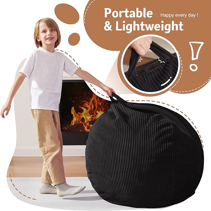 Homguava 2FT Bean Bag Chair,Teardrop Bean Bags Small Beanbag Chair with Memory Foam Filled and Ultra Soft Corduroy Cover for Living Room, Bedroom (Small,Black)