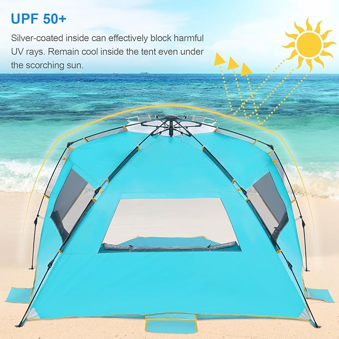 WolfWise 6-7 Person Easy Up Beach Tent UPF 50+ Portable Instant Sun Shelter Canopy Umbrella with Extended Zippered Porch, Blue