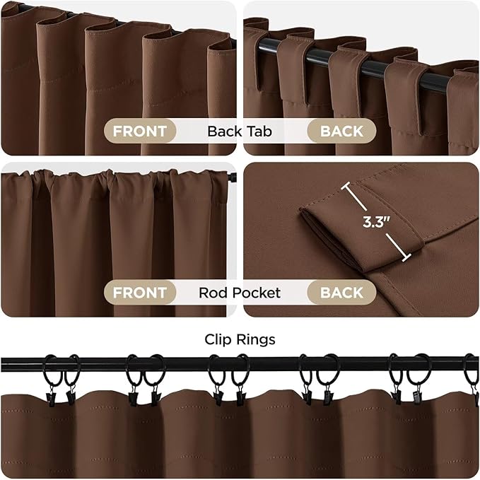 Joydeco 72 Inch Blackout Curtains for Bedroom, Thermal Insulated Black Out Curtains, Room Darkening Drapes for Living Room Window Rod Pocket Back Tab (W52 x L72 Inch, Brown)