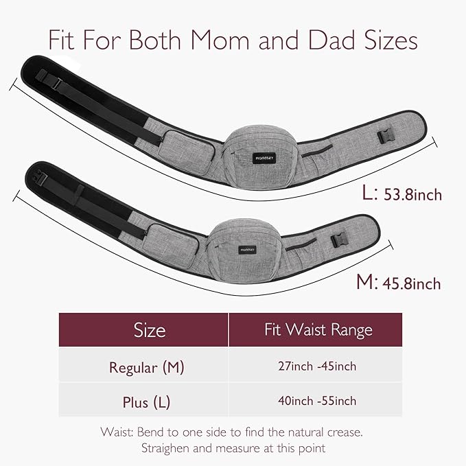 Momcozy Hip Seat Baby Carrier - Adjustable Waistband with Original 3D Belly Protector, Ergonomic Carrier with Various Pockets for Toddlers up to 45lbs (Grey, Medium 27-45IN)