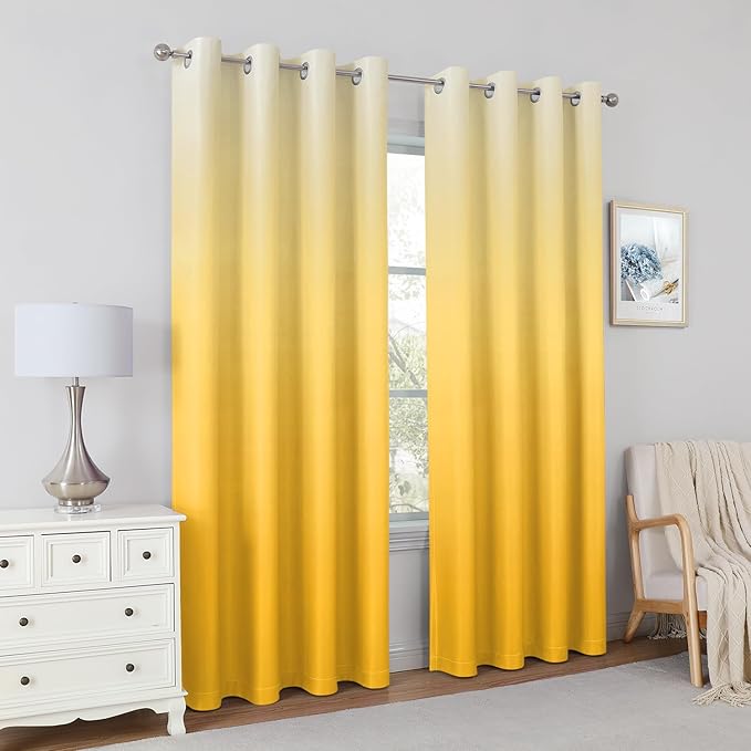 HOMEIDEAS Yellow Ombre Blackout Curtains 52 X 63 Inch Length Gradient Room Darkening Thermal Insulated Energy Saving Grommet 2 Panels Window Drapes for Living Room, Bedroom