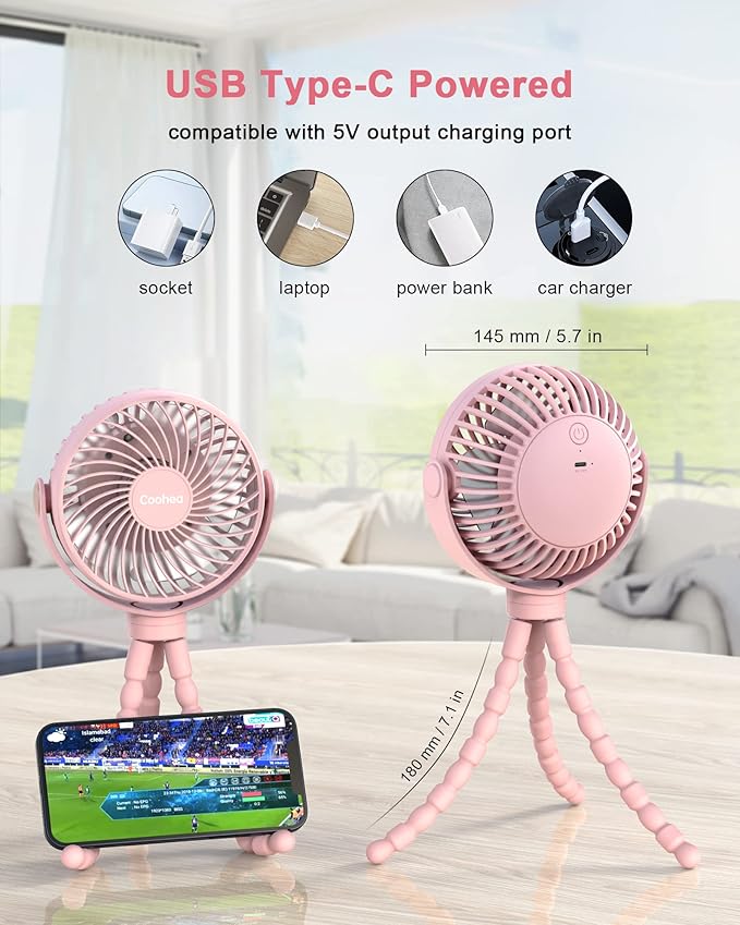 Stroller Fan Clip on for Baby, 4000mAh Rechargeable Battery Operated, Flexible Tripod, 3 Wind Speed, 360° Rotatable, Small Portable Fan for Car Seat Crib Backseat Beach Travel Camping, Pink