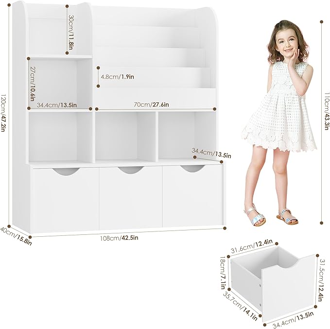FOTOSOK 47'' Kids Bookcase and Bookshelf, Multifunctional Bookcase with 5 Storage Cubbies and 3 Movable Drawers, Toy Storager Display Stand, Toy Storage Organizer for Bedroom, Playroom, Hallway, White