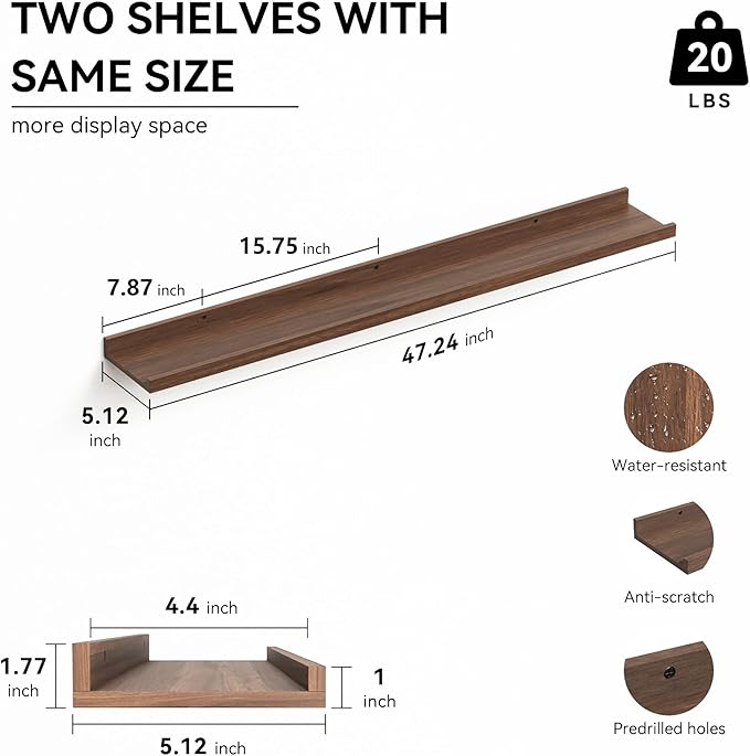 47.2 Inches Long Floating Shelves, 2 Set Farmhouse Wall Shelf for Bedroom, Nursery Book Shelf with Lip, Picture Ledge Shelf for Living Room, Bathroom, Kitchen - Walnut