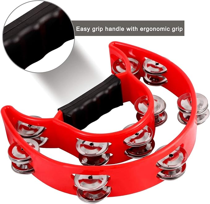 EastRock Double Row Tambourine,Metal Jingles Hand Held Percussion-Half Moon Tambourine for Kids, Adults, KTV, Party (Red)