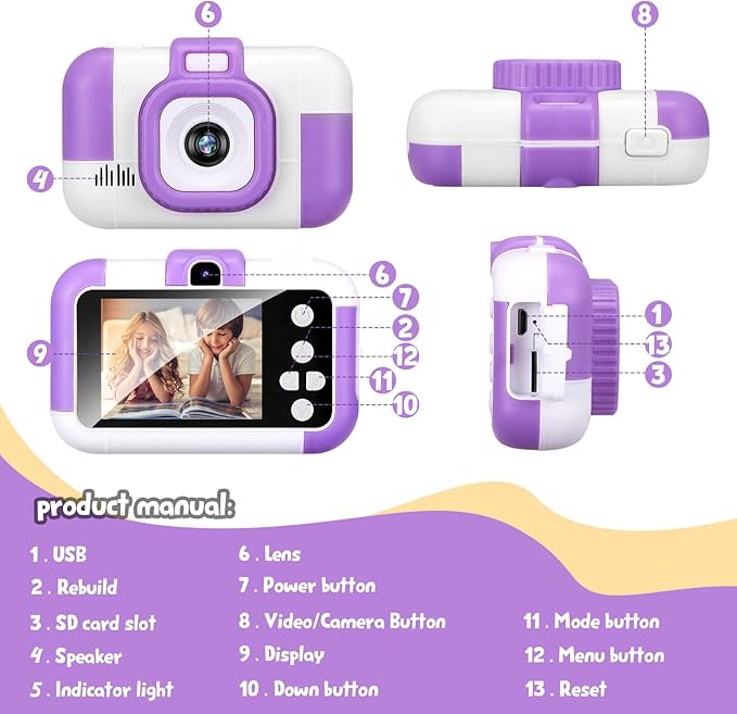 SUZIYO Children Camera, Birthday Electronic Toys for Kids, Upgrade Toddlers Selfie Digital Camcorder 1080P for Age 4-7 Years Old Boys Girls with 32G SD Card, Purple