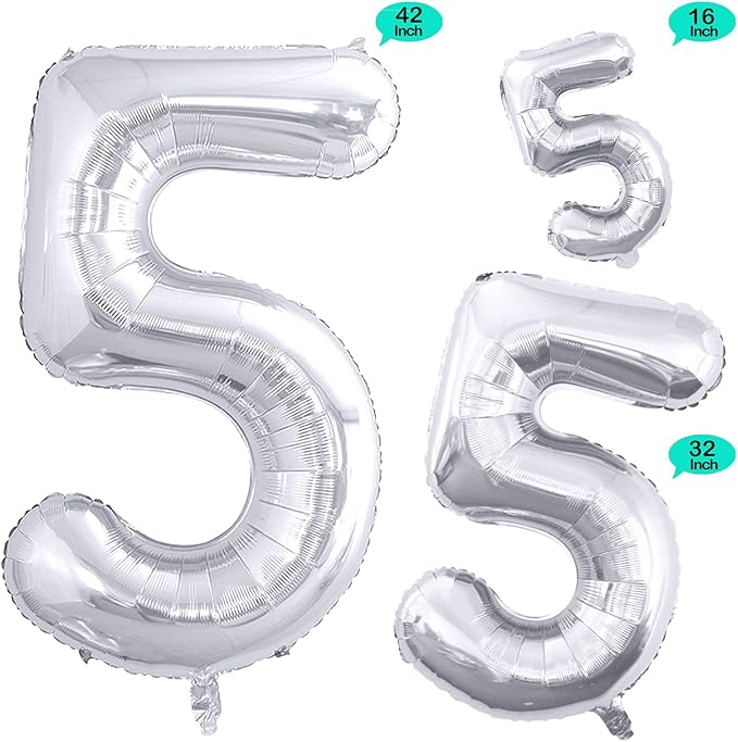 GOER Silver Foil Balloons Number 5,Huge Number Balloons for 5th 55th Birthday Party Supplies Anniversary Decorations(3 pcs,42 inch,32 inc,16inch)