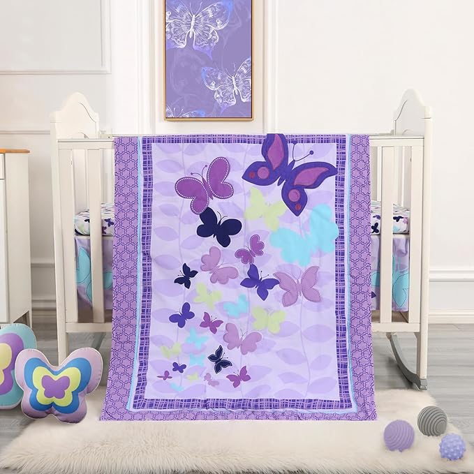 Wowelife Butterfly Mini Crib Bedding Set, 3 Piece Baby Bedding Set Butterfly, Mini Crib Nursery Bed Set, Breathable and Soft with Sheet Sets for Baby Girl, Purple