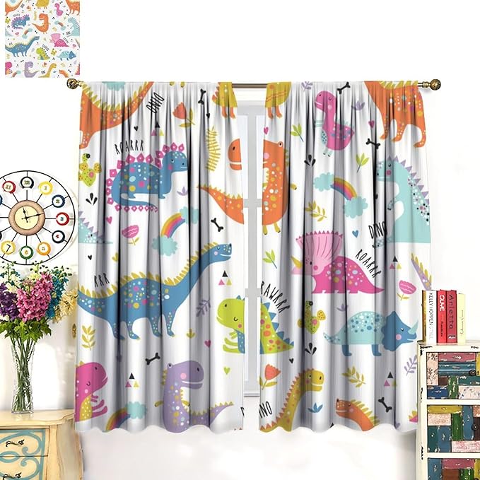 Cartoon Dinosaur Curtains for Kids Boys Girls Home Decor Childish Cute Dino Animals Print Pattern Rod Pocket Blackout Window Drapes for Nursery Baby Bedroom Playroom W31.5xL72in 2 Panels