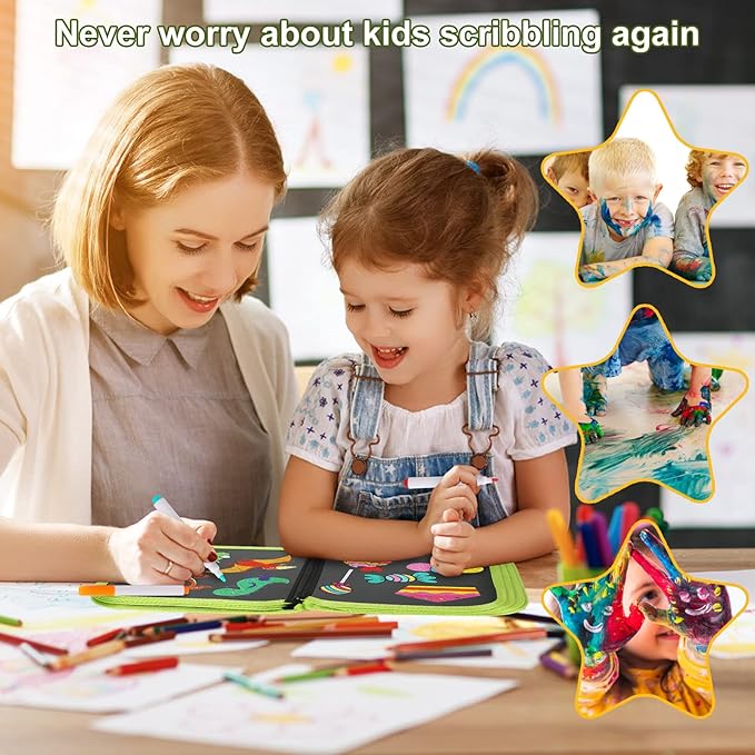 Erasable Doodle Set for Kids - Reusable Magic Drawing Book with 12 Watercolor Pens 14 Page Drawing, Road Trip Car Game Writing Painting Set for Boys and Girls (Green)