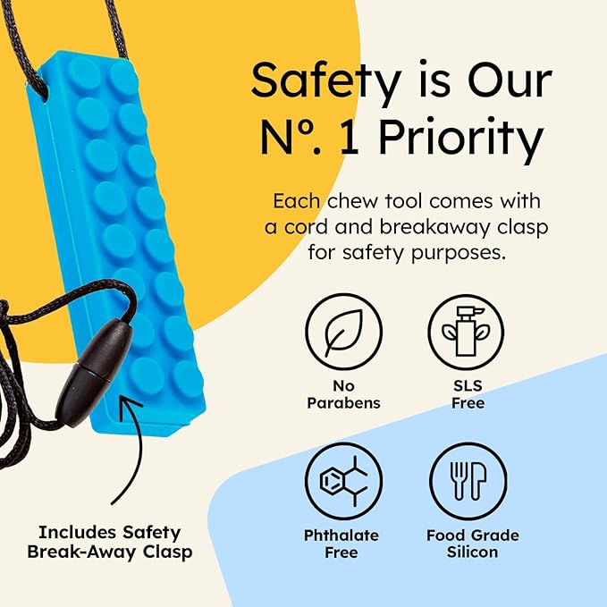 Gafly Sensory Chewing Tool Necklace for Kid's Sensory Integration with Autism and ADHD | Textured Silicone for Teething, and Biting, 2 Pack with Extra Cord and Clasp in Assorted Colors (2 Pack)