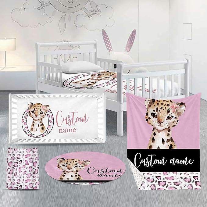 Custom Nursery Crib Bedding Set: Personalized Name 4 Piece Pink Leopard Elephant Design Baby Crib Sets for Girls - Toddler Double Layer Blanket Set, Comfortable Crib Bed Sheets for Baby Toddlers