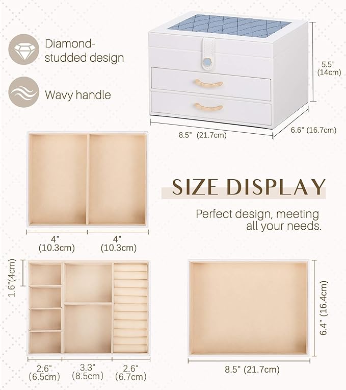 White Jewelry Box Organizer: Home Decor for Women - 2-Drawer Holder for Valentine’s Day Birthday Christmas White Grey-Blue