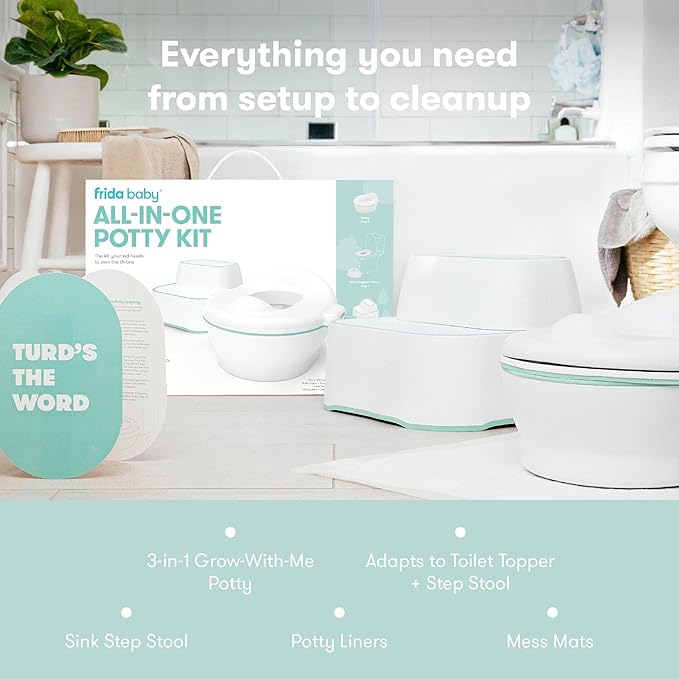 Frida Baby All-in-One Potty | Training Toilet with Toddler Potty Chair, Toilet Seat Topper, Toilet Step Stool, Sink Step Stool, Cleanup Essentials, and Professional Potty Guide